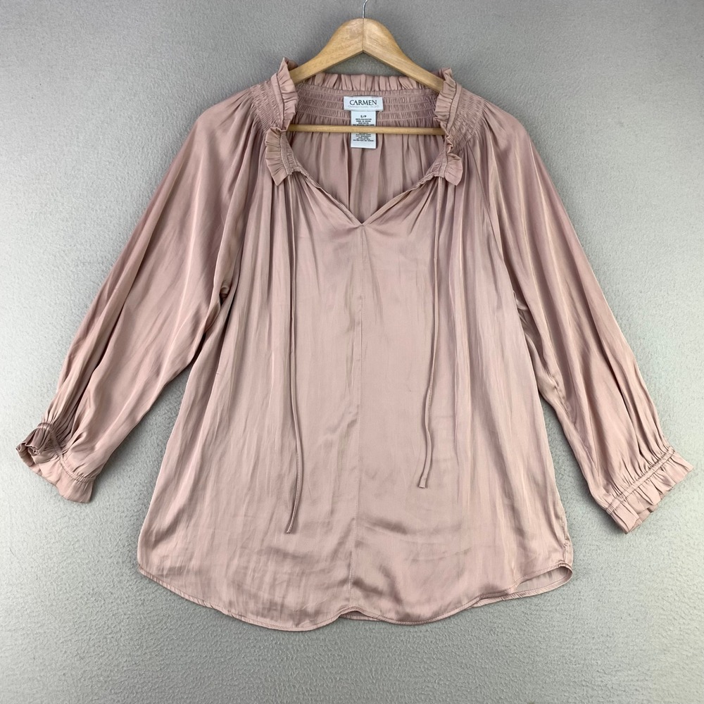 Carmen‎ Marc Valvo Blouse Women S Pink Satin Smocked Ruffle V-Neck Peasant Top - Picture 1 of 9